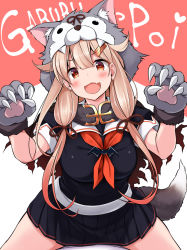 Rule 34 | 1girl, 1other, animal hands, animal hood, bat wings, black skirt, blonde hair, blush, breasts, cape, claw pose, commentary request, fake tail, fang, gloves, hair flaps, hair ornament, hair ribbon, hairclip, halloween, hood, kantai collection, large breasts, long hair, mizunoe kotaru, neckerchief, open mouth, paw gloves, pleated skirt, red eyes, red neckerchief, ribbon, sailor collar, school uniform, serafuku, simple background, sitting, sitting on person, skirt, tail, torn cape, torn clothes, wings, wolf hood, wolf tail, yuudachi (kancolle)