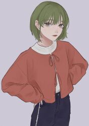 Rule 34 | 1girl, absurdres, aegyo sal, black pants, cardigan, casual, green eyes, green hair, hands on own hips, highres, idolmaster, idolmaster shiny colors, inase (1na1000), lips, looking at viewer, nanakusa nichika, pants, parted lips, red cardigan, short hair, simple background, solo