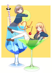 Rule 34 | 2girls, :o, blazer, blonde hair, blue eyes, blue jacket, blunt bangs, bob cut, border, cherry, closed mouth, cocktail glass, cup, deadnooodles, drinking glass, drinking straw, elbow rest, food, from side, fruit, full body, green eyes, hairband, heanna sumire, heart, highres, ice, ice cube, jacket, light brown hair, lime (fruit), lime slice, loafers, looking at viewer, love live!, love live! superstar!!, multicolored hair, multiple girls, neck ribbon, open mouth, oversized object, panda, pink hair, planet, ribbon, school uniform, shoes, short hair, sitting, smile, standing, standing on one leg, straight hair, tang keke, thighhighs, thighs, two-tone hair, white border, white legwear, yuigaoka school uniform, zettai ryouiki