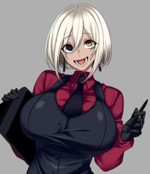 Rule 34 | 1girl, black eyes, breasts, commentary request, earrings, eyes visible through hair, formal, gloves, grey background, hair between eyes, heterochromia, highres, holding, hz (666v), jewelry, large breasts, looking at viewer, necktie, open mouth, original, short hair, simple background, solo, suit, teeth, tongue, upper body, white hair, yellow eyes