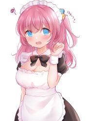 Rule 34 | 1girl, alternate costume, bad id, bad twitter id, blue eyes, bocchi the rock!, breasts, cleavage, commentary request, cube hair ornament, enmaided, gotoh hitori, hair between eyes, hair ornament, looking at viewer, maid, maid headdress, medium breasts, nikoo, open mouth, simple background, solo, white background