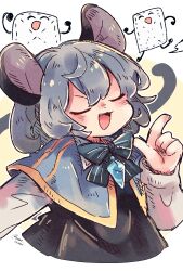 Rule 34 | 1girl, animal ears, black dress, blue capelet, capelet, closed eyes, dress, foul detective satori, grey hair, hair between eyes, highres, index finger raised, jewelry, long sleeves, mame komari, mouse ears, mouse tail, nazrin, open mouth, pendant, rag, short hair, smile, solo, tail, touhou, twitter username, upper body