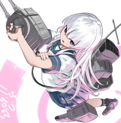 Rule 34 | 1girl, adapted turret, artist logo, blue sailor collar, blue skirt, cannon, dated, from above, gegeron, grey eyes, highres, kantai collection, long hair, looking at viewer, machinery, pleated skirt, rigging, sailor collar, school uniform, serafuku, shirakumo (kancolle), shirt, skirt, smokestack, solo, standing, torpedo launcher, turret, white hair, white shirt