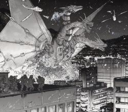 Rule 34 | aircraft, alien, amputee, armor, commentary, commission, conjoined, cyborg, daniel warren johnson, dragon, english commentary, fire, godzilla (series), godzilla vs. king ghidorah, greyscale, gun, helicopter, holding, holding gun, holding weapon, horns, hydra, kaijuu, king ghidorah, mecha, mecha-king ghidorah, military, monochrome, multiple heads, open mouth, prosthesis, prosthetic head, prosthetic wing, robot, science fiction, sharp teeth, solar panel, solar panel wings, soldier, teeth, toho, tongue, tongue out, weapon, wings