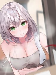 Rule 34 | 1girl, blood, blush, box, breasts, cleavage, closed mouth, collarbone, commentary, doorway, frown, green eyes, grey hair, hair between eyes, hair over shoulder, highres, holding, holding box, hololive, kashio (92984798), large breasts, looking at viewer, medium hair, midriff, mole, mole on breast, navel, nosebleed, opening door, parted hair, polka dot, pov doorway, shirogane noel, single off shoulder, solo, spaghetti strap, standing, tank top, towel, underwear, underwear only, upper body, virtual youtuber, wavy hair