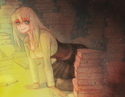 Rule 34 | 1girl, all fours, arm support, blonde hair, book, book stack, dark room, green eyes, kneeling, leaning forward, light, light particles, looking at viewer, painting (medium), pantyhose, paper, pixiv fantasia, pixiv fantasia t, pleated skirt, sagi, shirt, skirt, smile, solo, traditional media, watercolor (medium)