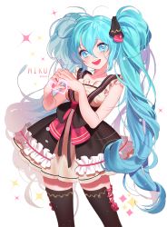 Rule 34 | 1girl, aqua eyes, aqua hair, artist name, bad id, bad pixiv id, character name, dress, hatsune miku, heart, heart hands, highres, long hair, looking at viewer, open mouth, seoji, solo, thighhighs, twintails, very long hair, vocaloid, white background