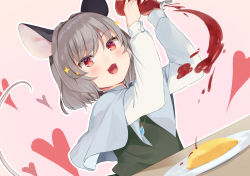 Rule 34 | 1girl, animal ears, ari don, blue capelet, capelet, commentary request, crystal, dress, food, grey dress, grey hair, holding, jewelry, ketchup, long sleeves, mouse ears, mouse girl, mouse tail, nazrin, necklace, open mouth, red eyes, shirt, short hair, solo, sparkle, tail, touhou, white shirt
