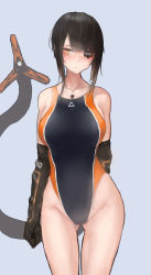 Rule 34 | 1girl, absurdres, black hair, blue background, blush, competition swimsuit, cyborg, eyepatch, facing viewer, highleg, highleg swimsuit, highres, mechanical arms, mechanical tail, mihato senba, one-piece swimsuit, original, prosthesis, short hair, single mechanical arm, solo, standing, sumi elias, swimsuit, tail, thighs
