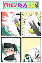 Rule 34 | 2girls, 4koma, arm up, bird costume, catstudioinc (punepuni), chibi, clenched teeth, comic, detached sleeves, closed eyes, green hair, hair ribbon, hatsune miku, highres, ia (vocaloid), multiple girls, necktie, open mouth, outstretched hand, ribbon, shirt, silent comic, skirt, sweat, tears, teeth, thai text, translation request, trembling, twintails, vocaloid, wallet