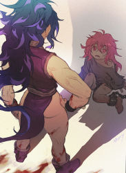 Rule 34 | 2girls, artist name, blood, blood on hands, blood on leg, bruise, chain, child, chinese clothes, cuffs, hair between eyes, hand on own hip, highres, injury, long hair, morry, multiple girls, muscular, muscular female, open mouth, original, pelvic curtain, pink eyes, pink hair, purple hair, restrained, shackles, shadow, sleeveless, thighs, torn clothes