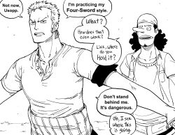 Rule 34 | 2boys, absurdres, bandana, bb (baalbuddy), collarbone, comic, earrings, english text, greyscale, highres, jacket, jewelry, long nose, monochrome, multiple boys, nose, one piece, open clothes, open jacket, sanji (one piece), short hair, simple background, speech bubble, usopp, white background