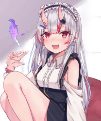 Rule 34 | 1girl, bare shoulders, black skirt, blush, breasts, commentary request, earrings, fang, hair between eyes, hair ornament, hairclip, headdress, hololive, horns, jewelry, knees up, long hair, looking at viewer, multicolored hair, nakiri ayame, nakiri ayame (girly), open mouth, red eyes, red hair, shirt, sidelocks, silver hair, sitting, skin-covered horns, skirt, small breasts, tenpura noraneko, two-tone hair, virtual youtuber, white shirt
