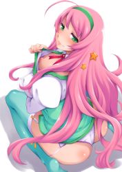 Rule 34 | 1girl, ahoge, aqua thighhighs, ass, atsumuchi, breast hold, breasts, character request, garter straps, green eyes, hair ornament, hairband, hisakawa chin, large breasts, long hair, looking at viewer, panties, pink hair, shadow, simple background, sitting, smile, solo, star (symbol), star hair ornament, thighhighs, underwear, wariza, white background, white panties