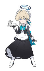 Rule 34 | 1girl, apron, black gloves, black shirt, black skirt, blonde hair, blue archive, blue bow, blue eyes, boots, bow, closed mouth, cup, fingerless gloves, full body, gloves, hair between eyes, hair intakes, halo, hand up, hat, headset, holding, holding tray, juliet sleeves, long sleeves, maid, maid apron, maid headdress, mob cap, nyaru (nyaru 4126), puffy sleeves, shirt, simple background, skirt, solo, teacup, teapot, toki (blue archive), tray, white background, white footwear, white hat
