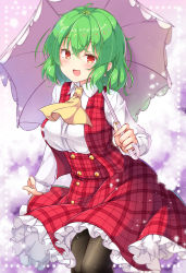 Rule 34 | 1girl, :d, ahoge, aka tawashi, ascot, black pantyhose, blouse, breasts, commentary request, crossed bangs, green hair, hair between eyes, highres, holding, holding umbrella, kazami yuuka, large breasts, looking at viewer, open clothes, open mouth, open vest, pantyhose, pink background, plaid, plaid skirt, plaid vest, purple background, red eyes, red skirt, red vest, shirt, simple background, skirt, skirt set, smile, solo, touhou, umbrella, vest, white shirt, yellow ascot