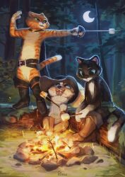 Rule 34 | 1girl, 2boys, artist name, blue eyes, boots, cat, closed mouth, cooking, crescent, dog, epee, fire, fireplace, food, forest, furry, green eyes, highres, holding, holding stick, holding sword, holding weapon, kitty softpaws, knee boots, lazy pillow, looking at another, looking at object, marshmallow, moon, multiple boys, nature, night, open mouth, perrito (puss in boots), puss in boots: the last wish, puss in boots (shrek), roasting, sharp teeth, smile, stick, sword, teeth, tree, weapon
