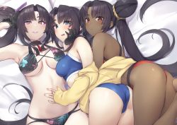 Rule 34 | 3girls, ass, bare shoulders, bikini, black bikini, black gloves, black hair, blue bikini, blue eyes, breasts, cleavage, collarbone, dark-skinned female, dark skin, facial mark, fate/grand order, fate (series), forehead mark, gloves, grin, hair bun, hand on another&#039;s chin, hand on another&#039;s stomach, jacket, long hair, long sleeves, looking at viewer, medium breasts, multicolored eyes, multiple girls, multiple persona, navel, orange eyes, parted bangs, pinta (ayashii bochi), purple eyes, purple lips, red bikini, red eyes, ringed eyes, side bun, side ponytail, sidelocks, single hair bun, single side bun, smile, swimsuit, taira no kagekiyo (fate), taira no kagekiyo (pinky beach) (fate), thighs, ushiwakamaru (corrupted) (fate), ushiwakamaru (fate), ushiwakamaru (fate/grand order), ushiwakamaru (swimsuit assassin) (fate), ushiwakamaru (swimsuit assassin) (first ascension) (fate), very long hair, yellow jacket
