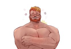 Rule 34 | 1boy, beard, blush, covering chest, covering privates, facial hair, final fantasy, final fantasy xiv, flower (symbol), full beard, glasses, happy aura, highres, large pectorals, male focus, mature male, muscular, muscular male, nude, pectorals, roegadyn, scar, short hair, shy, solo, sparse arm hair, sparse chest hair, thick beard, thick eyebrows, upper body, volflamm, warrior of light (ff14)