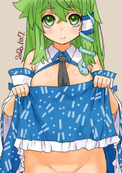 Rule 34 | 1girl, areola slip, black necktie, blue skirt, blush, body blush, breasts, breasts out, brown background, closed mouth, clothes lift, collared shirt, commentary request, cowboy shot, crossed bangs, dated, detached sleeves, frilled skirt, frills, frog hair ornament, green eyes, green hair, groin, hair between eyes, hair ornament, kei jiei, kochiya sanae, large breasts, long hair, looking at viewer, necktie, no panties, open clothes, open shirt, out-of-frame censoring, shiny skin, shirt, simple background, single hair tube, skirt, skirt lift, sleeveless, sleeveless shirt, smile, snake hair ornament, solo, touhou, white shirt, white sleeves
