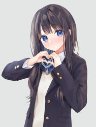 Rule 34 | 1girl, black jacket, blazer, blue bow, blue bowtie, blue eyes, blush, bow, bowtie, brown hair, closed mouth, collared shirt, grey background, head tilt, heart, jacket, long hair, long sleeves, looking at viewer, original, rimo, school uniform, shirt, simple background, solo, vest, white shirt