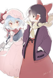 Rule 34 | 2girls, bat wings, black hair, blue hair, blush, bow, breath, capelet, cowboy shot, dated, dress, fang, frills, hair bow, hair tubes, hakurei reimu, hand up, hands in pockets, hanten (clothes), hat, hat ribbon, long sleeves, looking at another, mob cap, multiple girls, open mouth, pink dress, pink headwear, red bow, red dress, red eyes, red ribbon, red scarf, remilia scarlet, ribbon, scarf, short hair, simple background, touhou, white background, wings, winter clothes, yellow neckwear, yellow scarf, yuki (popopo)