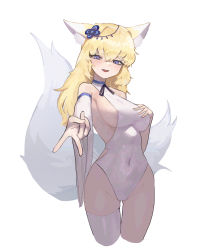Rule 34 | 1girl, absurdres, animal ear fluff, animal ears, blonde hair, blue eyes, blush, boridongja, breasts, character request, copyright request, covered navel, detached sleeves, hair ornament, hand on own chest, highres, open mouth, sideboob, single thighhigh, smile, solo, tail, thighhighs, v