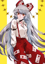 Rule 34 | 1girl, armband, arms at sides, bow, bright pupils, closed mouth, collared shirt, commentary, cowboy shot, dated, fujiwara no mokou, hair between eyes, hair bow, hands in pockets, high collar, highres, long hair, long sleeves, looking at viewer, ofuda, ofuda on clothes, orange eyes, pants, red bow, red pants, rhodium (rh), shirt, silver hair, simple background, smile, solo, suspenders, touhou, tsurime, twitter username, very long hair, white pupils, white shirt
