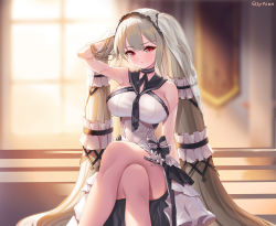 Rule 34 | 1girl, absurdly long hair, absurdres, artist name, azur lane, bare shoulders, black choker, black neckwear, black sailor collar, blurry, blurry background, bow, dress bow, breasts, choker, dress, dress bow, elsynien, feather dress, feet out of frame, formidable (azur lane), formidable (timeless classics) (azur lane), hair ornament, hand in own hair, highres, indoors, large breasts, crossed legs, light brown hair, long hair, looking at viewer, official alternate costume, red eyes, sailor collar, sitting, sleeveless, sleeveless dress, solo, strapless, strapless dress, thighs, twintails, two-tone dress, two-tone ribbon, veil, very long hair, white dress