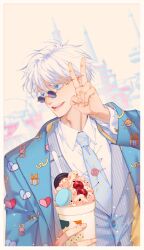 Rule 34 | 1boy, absurdres, alternate costume, blue coat, blue eyes, blue necktie, border, cherry, coat, collared shirt, colored eyelashes, commentary request, cup, disposable cup, food, formal, fruit, gojou satoru, grey jacket, hand up, heart, heart print, highres, holding, holding cup, jacket, jujutsu kaisen, layered sleeves, looking to the side, macaron, male focus, necktie, no blindfold, open mouth, oreo, polka dot necktie, print coat, purple-tinted eyewear, round eyewear, shirt, short hair, solo, striped clothes, striped jacket, suit, suit jacket, teeth, tie clip, tinted eyewear, turning head, two-sided coat, two-sided fabric, upper body, v, vertical-striped clothes, vertical-striped jacket, watermark, whipped cream, white hair, white shirt, yellow-framed eyewear, yiburning