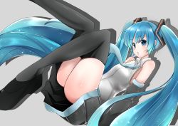 Rule 34 | 1girl, absurdres, black thighhighs, blue eyes, blue hair, blush, detached sleeves, hatsune miku, highres, kazenoko, long hair, matching hair/eyes, necktie, simple background, skirt, solo, thighhighs, twintails, very long hair, vocaloid