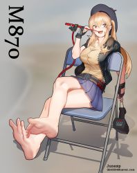Rule 34 | 1girl, absurdres, artist name, bad id, bad pixiv id, badge, barefoot, belt, black gloves, blonde hair, breasts, buttons, chair, character name, collarbone, collared shirt, commentary, english commentary, feet, fingerless gloves, folding chair, fur-trimmed jacket, fur trim, girls&#039; frontline, gloves, hat, highres, jacket, junexp, large breasts, leather, leather jacket, long hair, m870 (girls&#039; frontline), on chair, open clothes, open jacket, open mouth, pleated skirt, sharp teeth, sheriff badge, shirt, shotgun shell, sidelocks, sitting, skirt, smile, soles, solo, teeth, toes, toothpick, twintails, yellow eyes