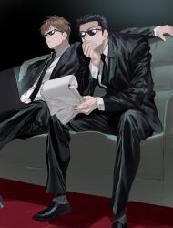 Rule 34 | 2boys, absurdres, black footwear, black hair, black jacket, black necktie, black pants, brown hair, chamuring, character request, chuukan kanriroku tonegawa, closed mouth, collared shirt, commentary request, computer, couch, covering own mouth, expressionless, formal, full body, grey background, hand over own mouth, highres, holding, holding paper, jacket, kaiji, korean commentary, laptop, leaning forward, male focus, medium bangs, multiple boys, necktie, pants, paper, shirt, shoes, short hair, sitting, suit, sunglasses, white shirt, yamazaki kenji