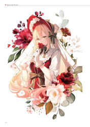 Rule 34 | 1girl, black bow, blonde hair, bow, center frills, dress, flower, frills, gloves, hair between eyes, hat, highres, holding, holding flower, long hair, long sleeves, looking at viewer, low twintails, multicolored hair, original, red dress, red flower, red hat, scan, simple background, toosaka asagi, twintails, upper body, white background, white flower, white gloves, wide sleeves, yellow eyes