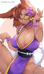 Rule 34 | 1girl, animal ears, bare shoulders, borrowed character, breasts, brown eyes, brown hair, cleavage, collarbone, commentary, commission, copyright request, dress, flower, glasses, hair flower, hair ornament, large breasts, looking at viewer, medium hair, nail polish, no panties, purple dress, purple flower, rirene rn, smile, solo, yellow nails