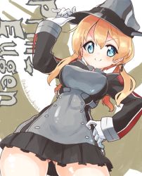 Rule 34 | &gt;:), 10s, 1girl, anchor hair ornament, artist name, black skirt, blonde hair, blue eyes, blush, breasts, character name, covered navel, gloves, hair ornament, hair ribbon, hand on own hip, hat, kantai collection, large breasts, long hair, long sleeves, machinery, microskirt, military, military uniform, naka akira, no panties, peaked cap, pleated skirt, prinz eugen (kancolle), ribbon, skirt, solo, turret, twitter username, v-shaped eyebrows, white gloves