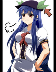 Rule 34 | 1girl, arrow (symbol), blue hair, breast padding, female focus, hands on own hips, hat, hinanawi tenshi, letterboxed, long hair, red eyes, shin&#039;ya (nanp), solo, touhou, white background