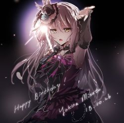Rule 34 | 1girl, arm up, armpits, bang dream!, black background, bow, character name, choker, dated, detached sleeves, dress, flower, frills, hair ornament, happy birthday, highres, light purple hair, long hair, long sleeves, microphone, minato yukina, open mouth, quarkknova, rose, solo, yellow eyes