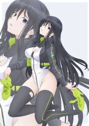 Rule 34 | 1girl, absurdres, alice gear aegis, black hair, black jacket, black thighhighs, cleavage cutout, clothing cutout, commentary request, companion/af, covered collarbone, cropped jacket, front zipper, full-length zipper, full body, green footwear, hair between eyes, heattech leotard, high heels, highleg, highleg leotard, highres, holding, holding shoes, jacket, kagome misaki, kneeling, leotard, long hair, looking at viewer, mole, mole under eye, parted lips, purple eyes, race queen, raised eyebrows, shoes, unworn shoes, thighhighs, tubamesaapoo, turtleneck, two-tone background, white leotard, zipper, zipper leotard, zipper pull tab, zoom layer