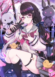 Rule 34 | 1girl, absurdres, ahoge, bird, black hair, black socks, blush, book, bookshelf, cellphone, closed mouth, collarbone, feet out of frame, glasses, grey sailor collar, grey skirt, haidollo, hair ornament, hairclip, hands up, highres, holding, holding book, holding phone, knees up, long hair, long sleeves, looking at viewer, miniskirt, multicolored hair, nijisanji, o-ring, o-ring thigh strap, petals, phone, pink eyes, pleated skirt, sailor collar, school uniform, serafuku, shirt, sidelocks, sitting, skindentation, skirt, smartphone, smile, socks, solo, split-color hair, streaked hair, stuffed toy, thigh strap, thighs, twintails, two-tone hair, very long hair, virtual youtuber, white hair, white shirt, x hair ornament, yorumi rena, yorumi rena (9th costume)