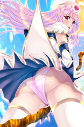 Rule 34 | 1girl, ass, ass focus, blue background, blush, braid, capelet, crown braid, dot nose, elbow gloves, enishida (flower knight girl), flower knight girl, from below, gloves, hat, highres, holding, holding staff, legs apart, long hair, looking at viewer, looking back, open mouth, panties, pink eyes, pink hair, pink panties, shiny skin, shizuki shuuya, skirt, solo, staff, thighhighs, underwear, upskirt, white capelet, white hat, white skirt, white thighhighs