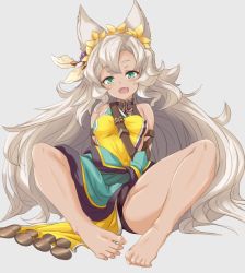 Rule 34 | 10s, 1girl, :d, animal ears, barefoot, blush, erune, fang, feet, full body, granblue fantasy, green eyes, grey background, grey hair, long hair, looking at viewer, nemone, open mouth, partially visible vulva, simple background, smile, solo, very long hair, yu-ves