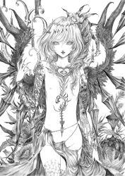 Rule 34 | 1girl, absurdres, alternate wings, candlestand, daburoku, feathered wings, fingernails, flandre scarlet, flat chest, greyscale, highres, long fingernails, looking at viewer, monochrome, nipples, nude, short hair, side ponytail, slit pupils, solo, tattoo, thorns, touhou, traditional media, sefirot, wings