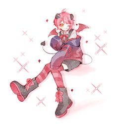 Rule 34 | 1boy, demon boy, demon horns, demon tail, demon wings, full body, horns, jacket, lulucoo, male focus, one eye closed, red hair, rinu (stpri), short hair, sleeves past fingers, sleeves past wrists, solo, strawberry prince, striped clothes, striped thighhighs, tail, thighhighs, white background, wings, yellow eyes