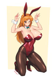 Rule 34 | 1girl, absurdres, animal ears, armpit peek, arms up, bare arms, bare shoulders, black sclera, blush, borrowed character, bow, bowtie, breasts, brown pantyhose, cleavage, closed mouth, collarbone, colored sclera, commentary, covered navel, detached collar, english commentary, fake animal ears, fishnet pantyhose, fishnets, full body, green bow, green bowtie, hair flaps, high heels, highleg, highleg leotard, highres, jewelry, kneeling, large breasts, leotard, long hair, looking at viewer, mismatched sclera, necklace, nestkeeper, orange hair, original, outstretched hand, pantyhose, playboy bunny, rabbit ears, rabbit pose, red eyes, red footwear, red leotard, scar, scar across eye, shiny clothes, shiny skin, sidelocks, signature, solo, strapless, strapless leotard, sweatdrop, v-shaped eyebrows, wrist cuffs, yellow background