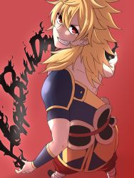 Rule 34 | 1boy, back, bandages, blonde hair, fairy tail, fang, happy birthday, highres, long hair, male focus, red background, red eyes, simple background, solo, tai-yaki, teeth, zancrow