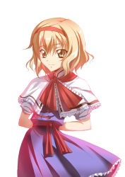 Rule 34 | 1girl, :3, alice margatroid, alternate eye color, anime coloring, arms behind back, blonde hair, blue dress, capelet, dress, female focus, green eyes, hairband, ishigami kazui, ribbon, short hair, short sleeves, solo, touhou, white background