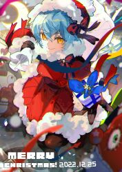 Rule 34 | 1girl, absurdres, angela (project moon), black gloves, black pantyhose, blue hair, bow, christmas, closed mouth, coat, dated, dress, fur-trimmed coat, fur-trimmed headwear, fur collar, fur trim, gift, gloves, hair bow, hamelon310, hat, highres, laetitia (project moon), library of ruina, looking at viewer, nothing there, pantyhose, project moon, red bow, red coat, red dress, red hat, short hair, smile, solo, yellow eyes
