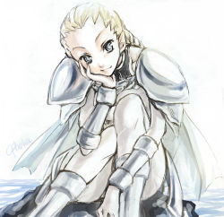 Rule 34 | 00s, 1girl, armor, blonde hair, blue eyes, braid, cape, character name, claymore (series), head rest, leg armor, ophelia, shoulder armor, sitting, smile, solo, vambraces