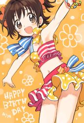 Rule 34 | 1girl, akagi miria, amezawa koma, armpits, bare shoulders, blush, bracelet, brown eyes, brown hair, cowboy shot, crop top, hair ornament, happy, happy birthday, idolmaster, idolmaster cinderella girls, jewelry, looking at viewer, navel, open mouth, orange background, outstretched arms, short hair, skirt, smile, solo, spread arms, two side up